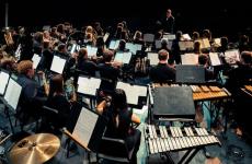 orchestra members playing instruments looking at their conductor