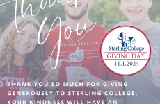 college students smiling at the camera with a Thank You message in writing