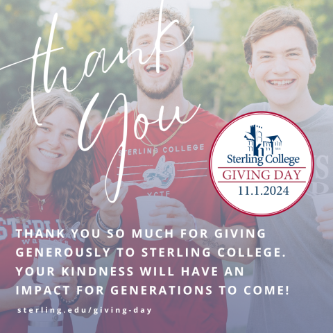 college students smiling at the camera with a Thank You message in writing